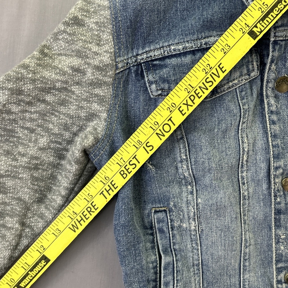 Free People Denim Jacket Gray Knit Sleeves Detachable Hood Blue Distressed M - Picture 5 of 6